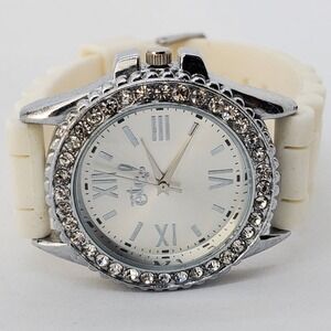 38MM Watch Women Gray Dial Crystal Bezel White Plastic Bands New Battery